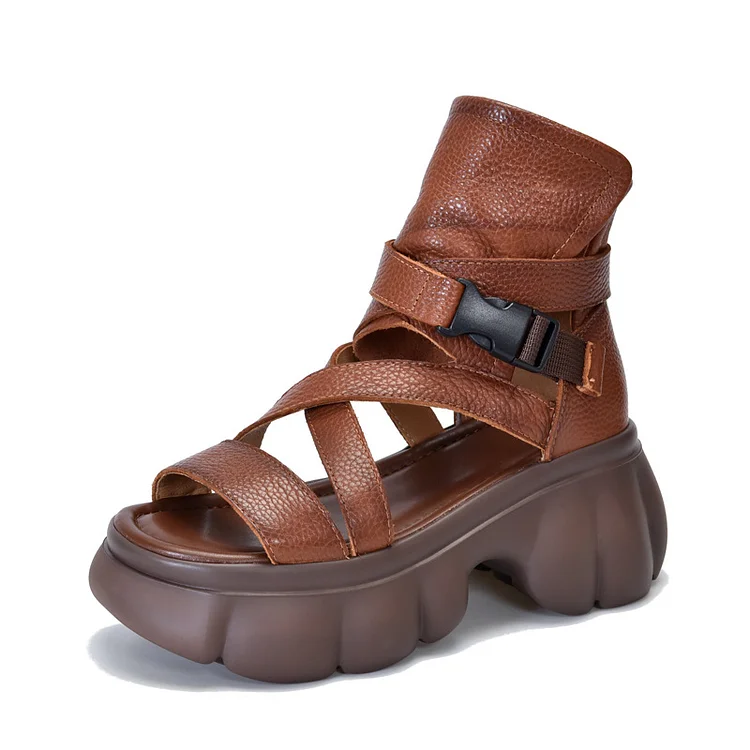 Retro Leather Hollow Thick Bottom Sandal Boots