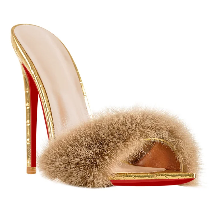 120mm Women's Fur Fluffy Mules Slip On Croc High Heels Red Bottom Sandals VOCOSI VOCOSI