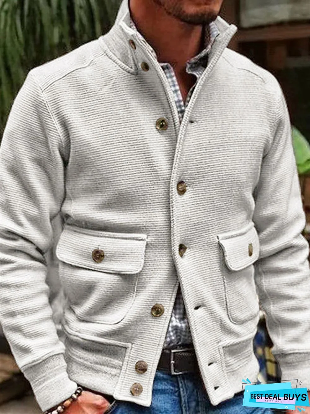 Men's Stand Collar Solid Color Casual Jacket