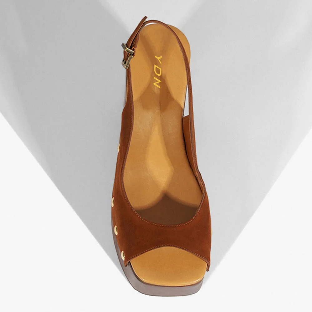 Brown Studded Block Heel Slingback Platform Sandals for Women