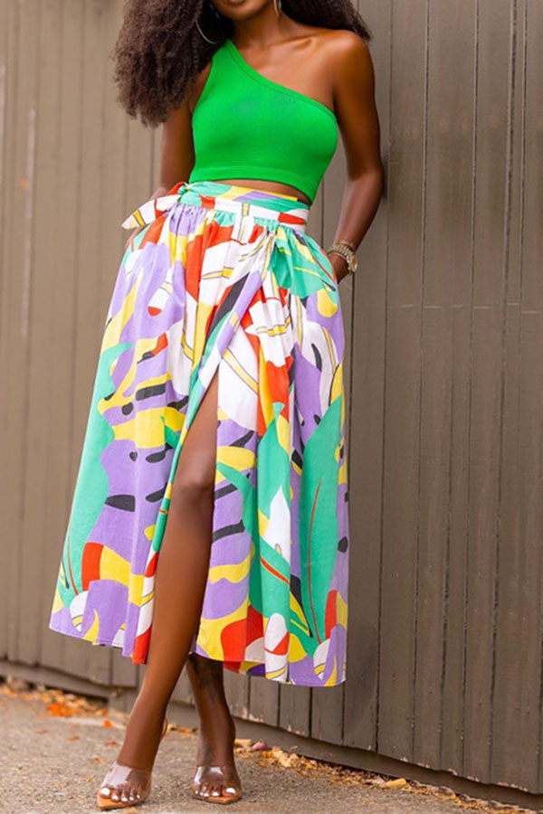 Leaf Print Smart LaceUp High Split Dress Suit