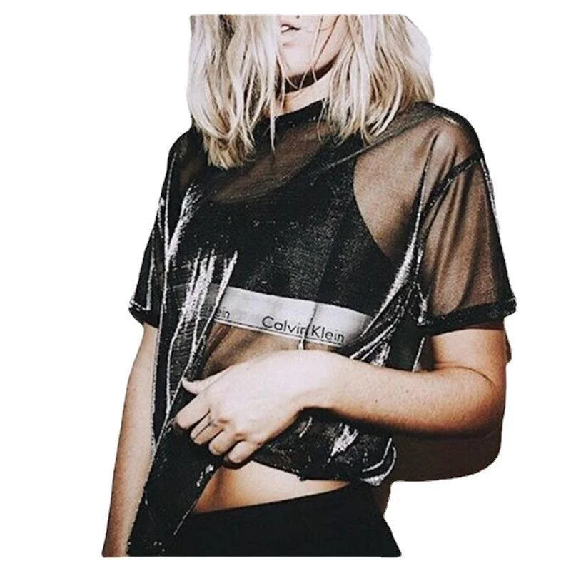 Brownm Brownm Women's Wear 2023 New Short-Sleeved T-Shirt Women's Perspective Nightclub Top