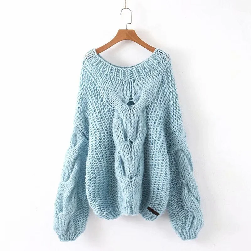 Pure handmade winter knitted sweaters pink lantern sleeve loose blue sweater pullovers plus size coat woman chrismas clothing