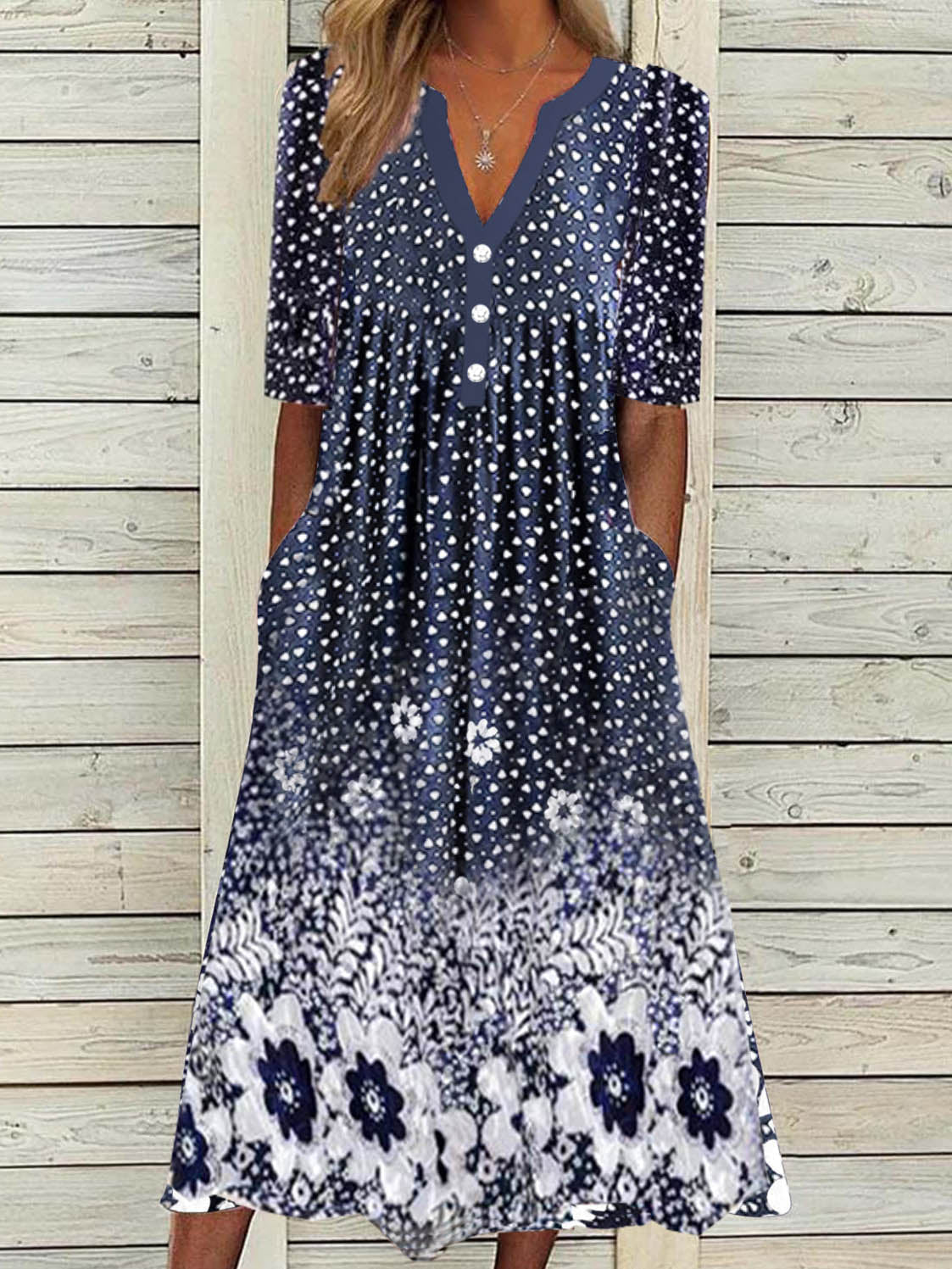 Women's Short Sleeve V-neck Floral Printed Midi Dress With Pockets