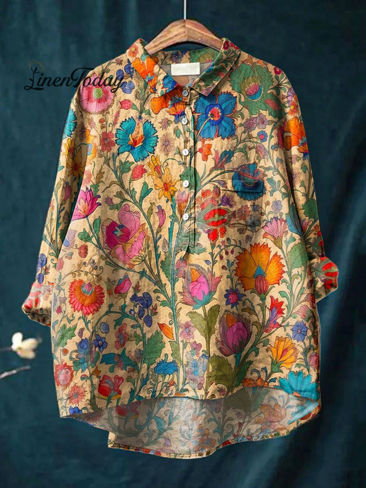 Women’s Vintage Indian Folk Floral Art Print Casual Cotton And Linen Shirt Multicolor / S