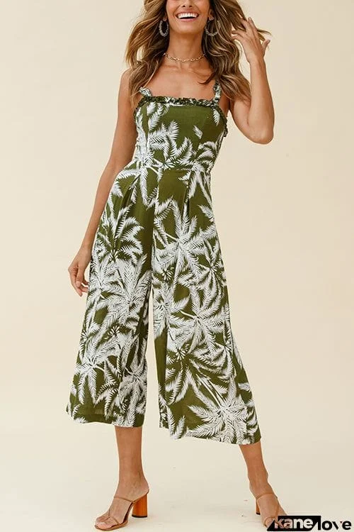 Palm Print Slip Wide Leg Jumpsuits