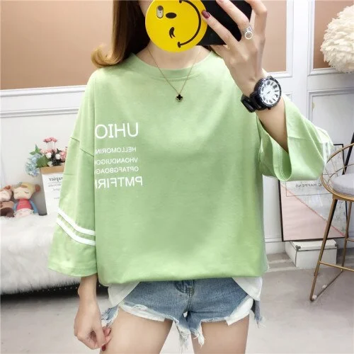summer large size Women T-shirts cotton half Sleeve tshirt Female letter Printing Korean students Casual Patchwork t shirt tops