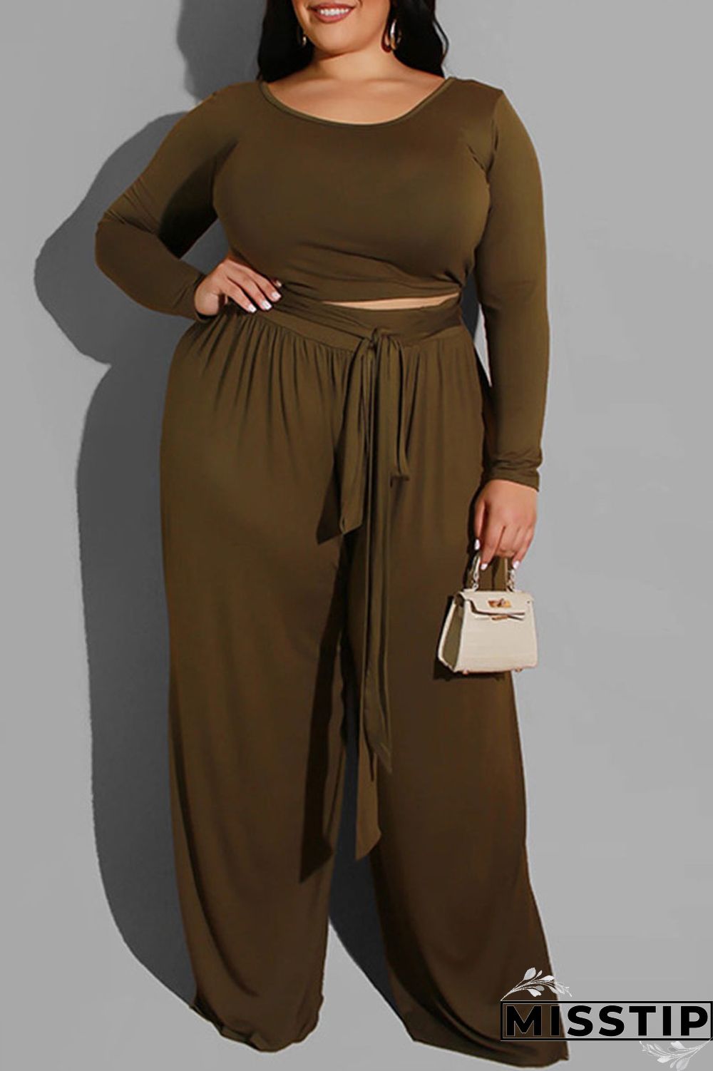 Brown Casual Solid With Belt O Neck Plus Size Two Pieces