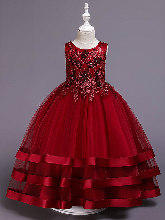 Oknass Princess Sleeveless Jewel Neck Flower Girl Dress Satin Tulle Cotton With Belt  Embroidery Appliques