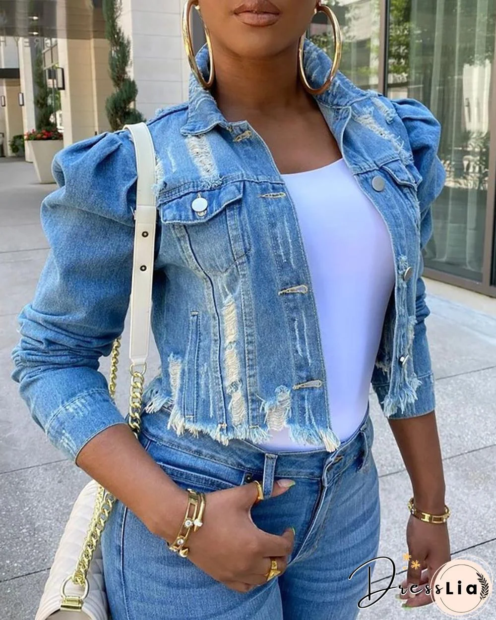 Puffed Sleeve Frayed Denim Jacket