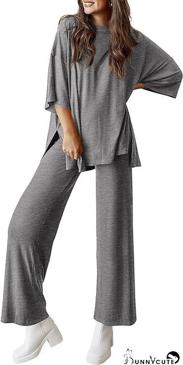 Grey Casual Solid Split Joint O Neck Half Sleeve Two Pieces