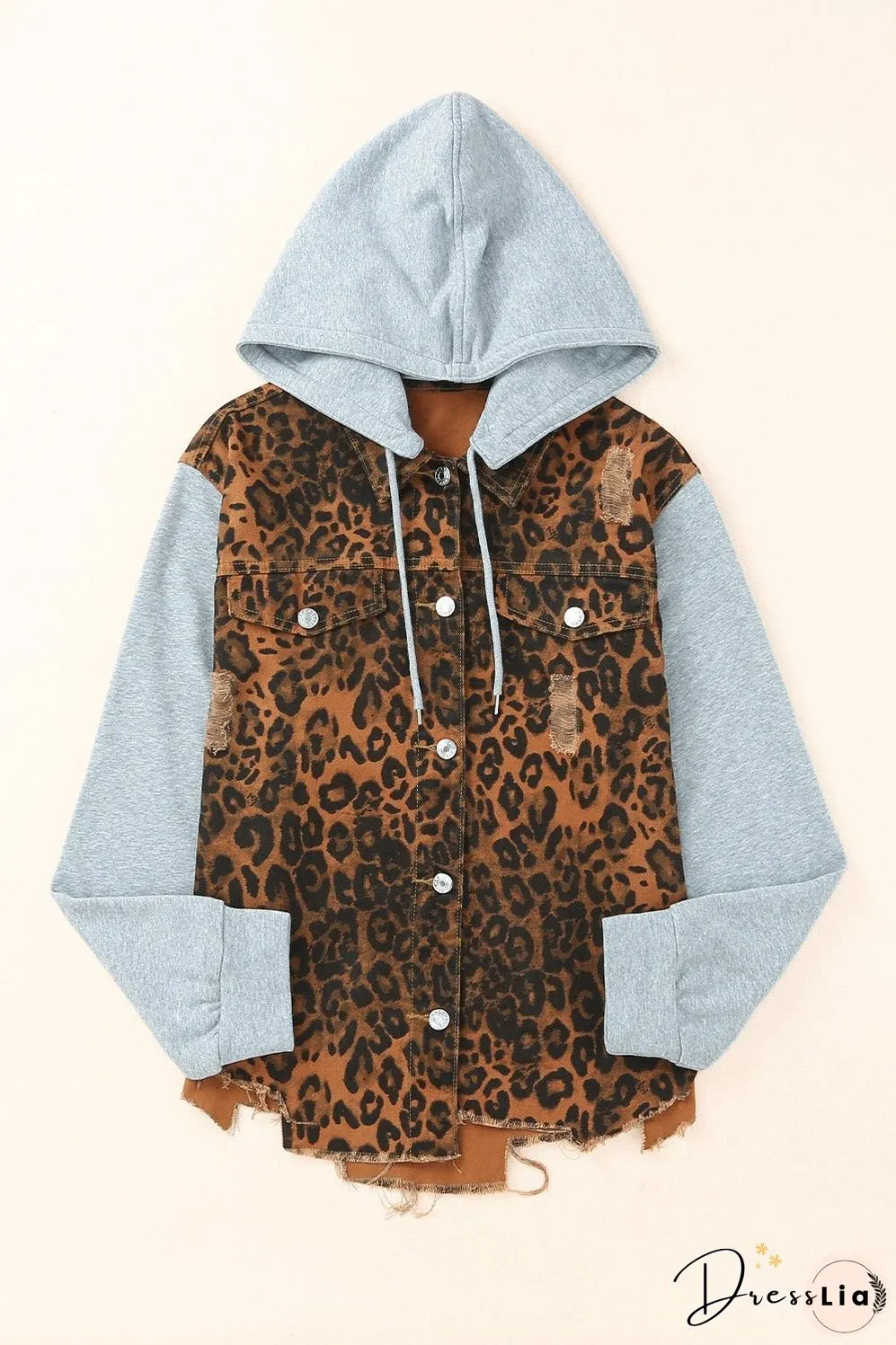 Leopard Distressed Drawstring Hooded Denim Jacket