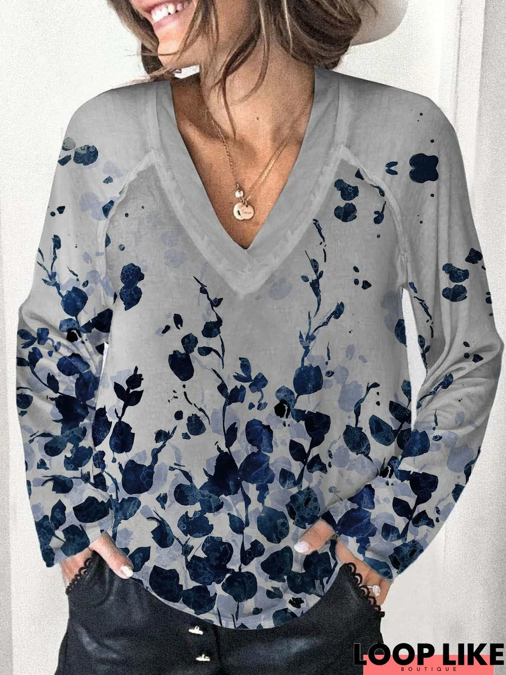 Vintage Floral Printed V Neck Long Sleeve Casual Tunic Top