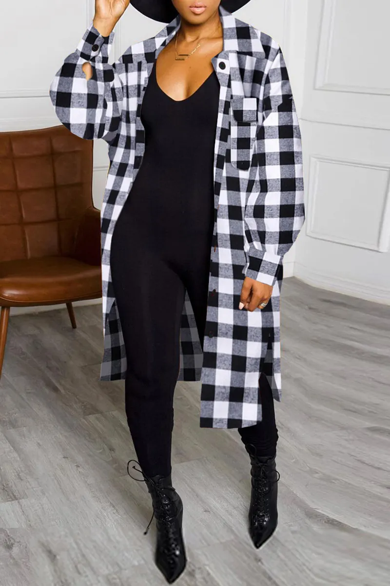 Casual Plaid Split Joint Turndown Collar Outerwear