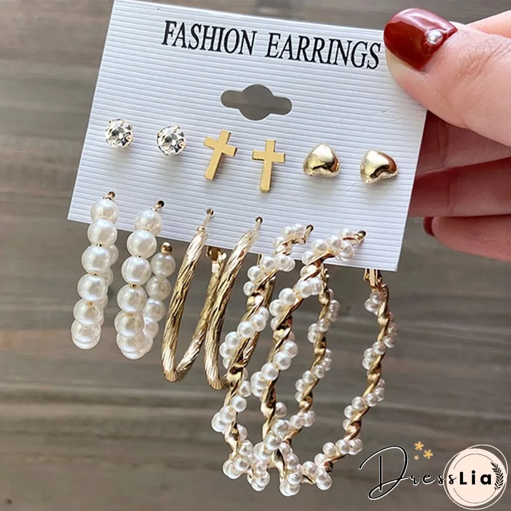 17KM Fashion Pearl Hoop Earrings Set For Women Geometirc Gold Metal Circle Hoop Earrings Brincos Trend Jewelry Gift