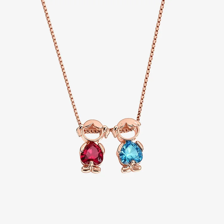 Personalized Cute Boy & Girl Outline 1-6 Heart Birthstones Necklace
