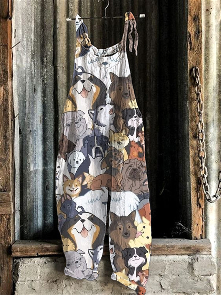 Comstylish Women's Farm Dog Print Linen Blend Casual Jumpsuit