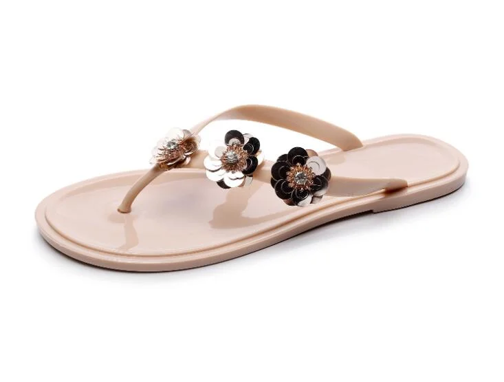Qengg Jelly Shoes Summer Flip Flops Flat EVA Craft Sequins Flowers Slippers Summer Shoes Cool Beach Shoe Big Size 40 41
