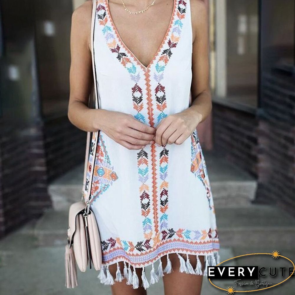 Summer Loose A-line Version Hem Fringed Ethnic Style Print Dress Women Boho Sleeveless