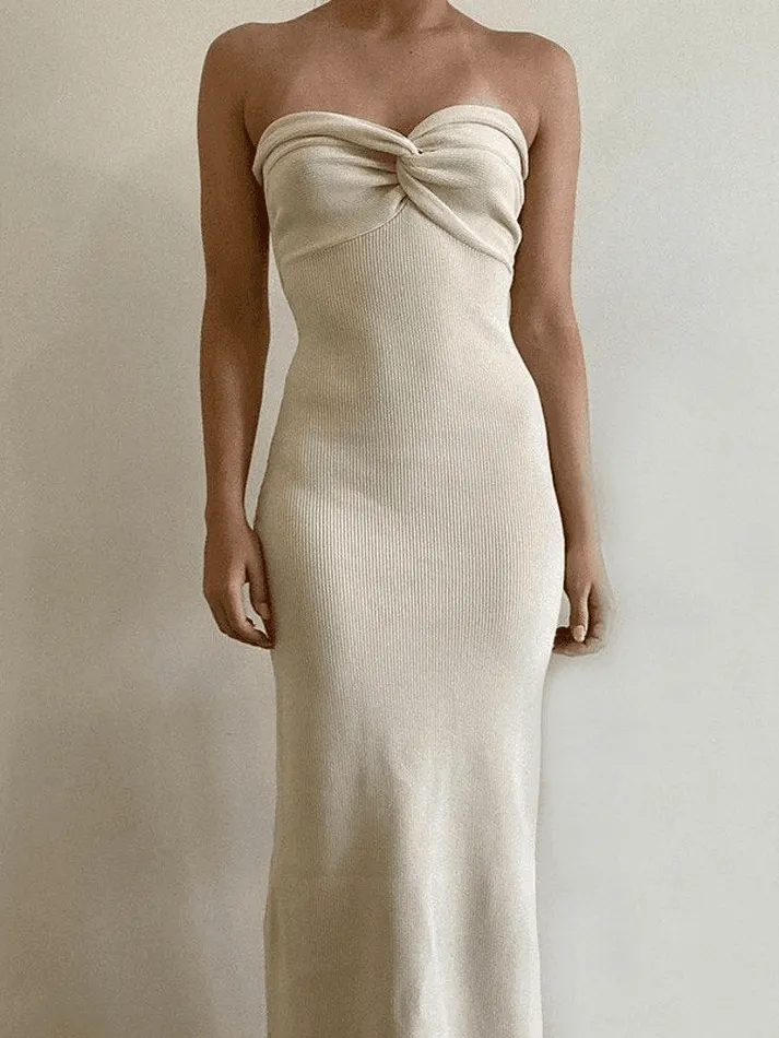 Brownm Knitted Twist Strapless Maxi Dress