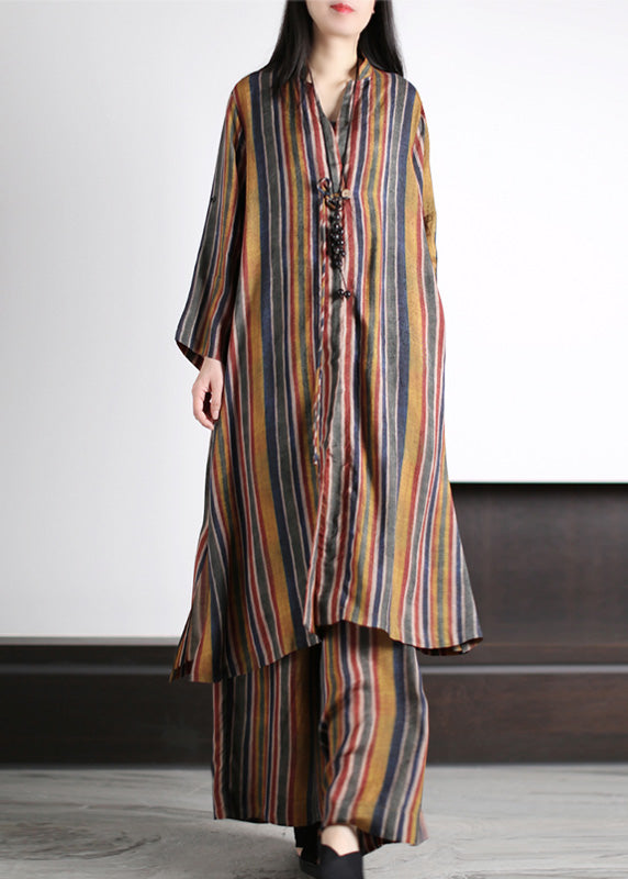 VCSHOES Coffee V Neck Striped Patchwork Silk Maxi Shirts And Wide Leg Pants Two Piece Set Spring