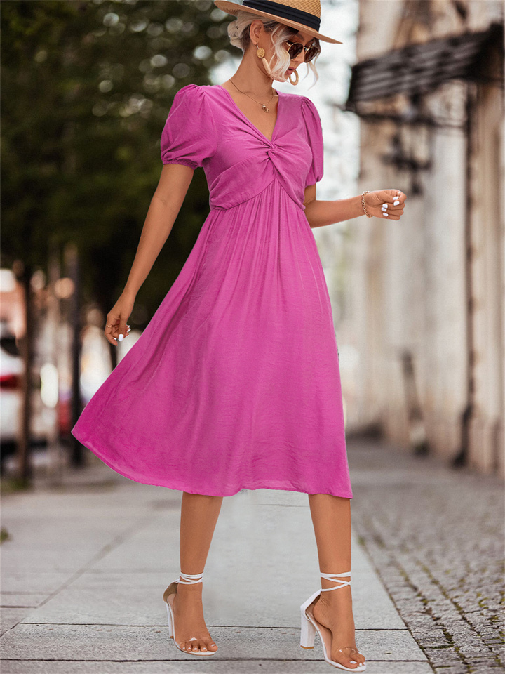 Spring and Summer Women's New Solid Color A-line Dress V-neck Lantern Sleeves Hot Sale Ruffle Short-sleeved Twisted Knot Dress