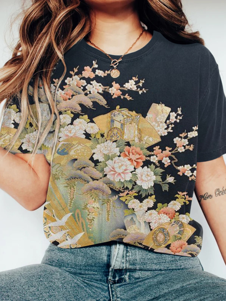 Comstylish Women Japanese Art Sakura Printed Round Neck T-Shirt