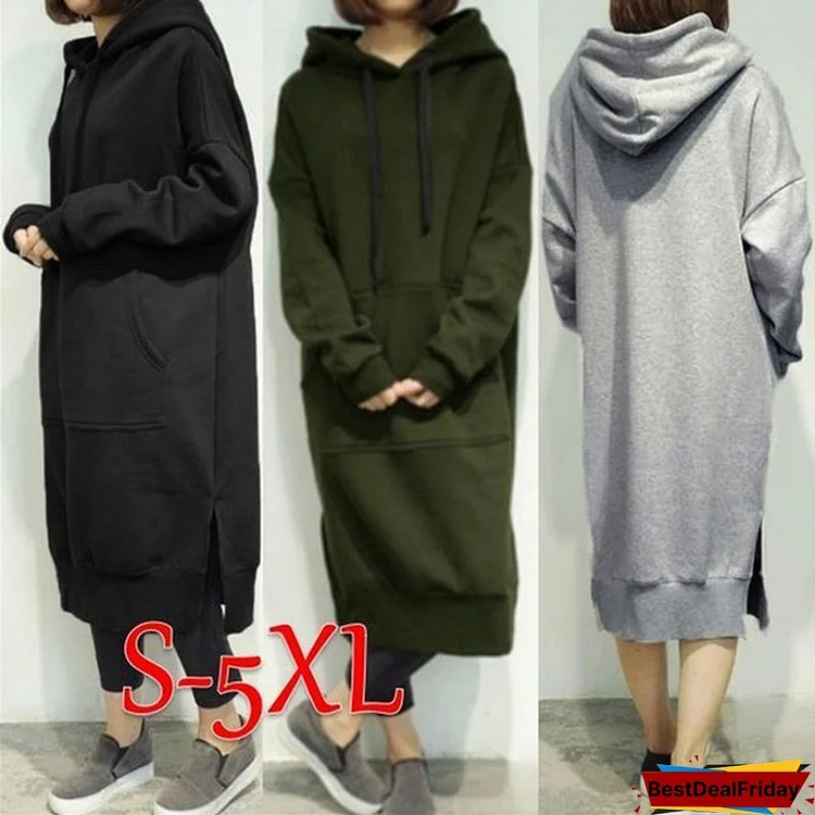 Women Autumn Winter Casual Long Hooded Pullovers Loose Fleece Long Oversized Hoodie Dress S-5Xl