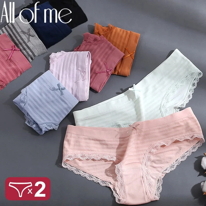 M-XXXL Plus Size Women Panties Underwear Female Lingerie Sexy Briefs Big Pantys Low Waist Lace Panties Striped Intimate 2PCS/Set