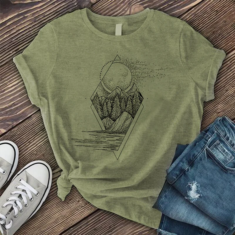   Geometric Natural Scenery Print Crew Neck All-match T-shirt - Neojana