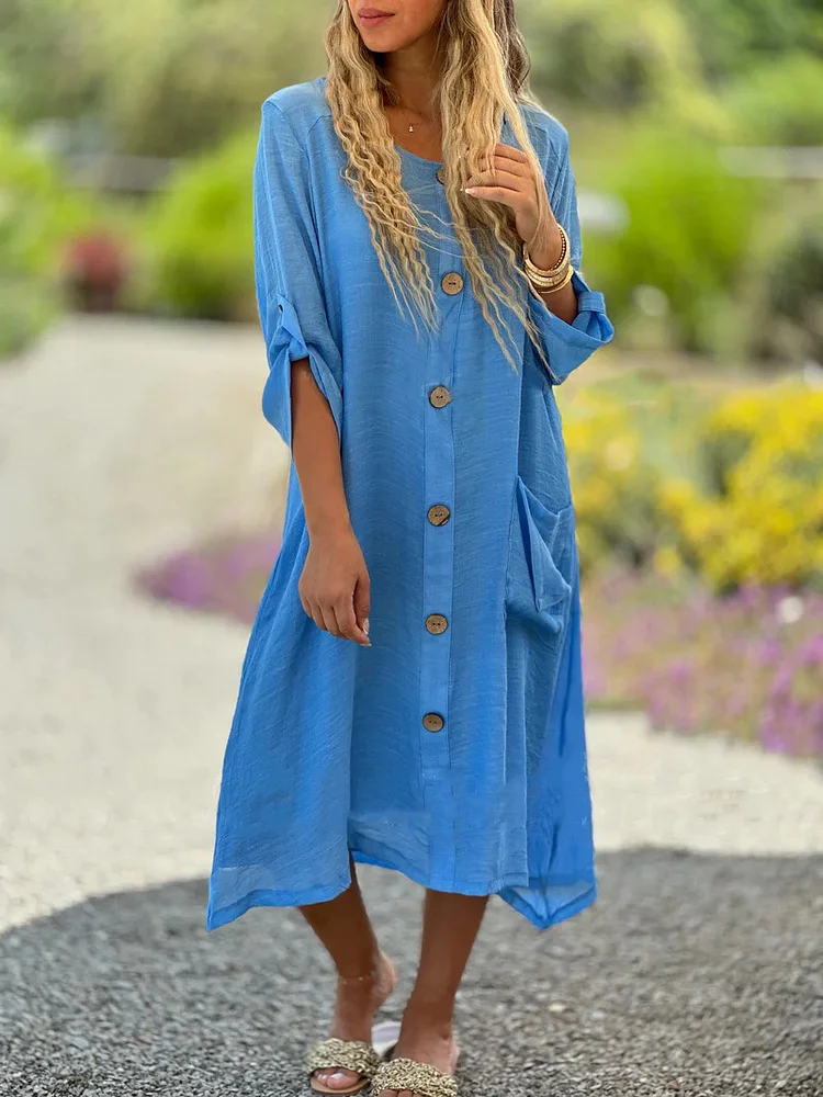 Women's Summer Single Breasted Dress Solid Crew Neck Long Sleeve Shirt Dress