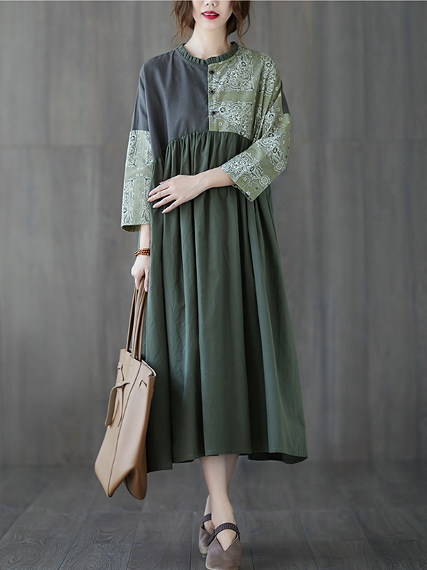 Retro Print Splicing Loose Batwing Sleeve Midi Dress
