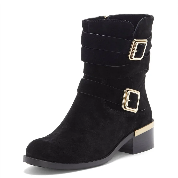 Black Suede Buckles Chunky Heel Boots Ankle Boots |FSJ Shoes