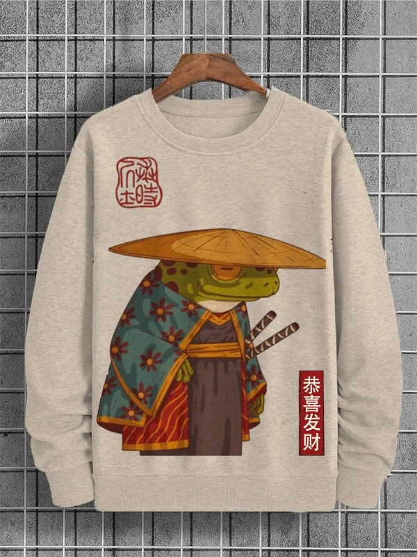 Men's Funny Frog Samurai Printed Casual Long Sleeve Sweatshirt