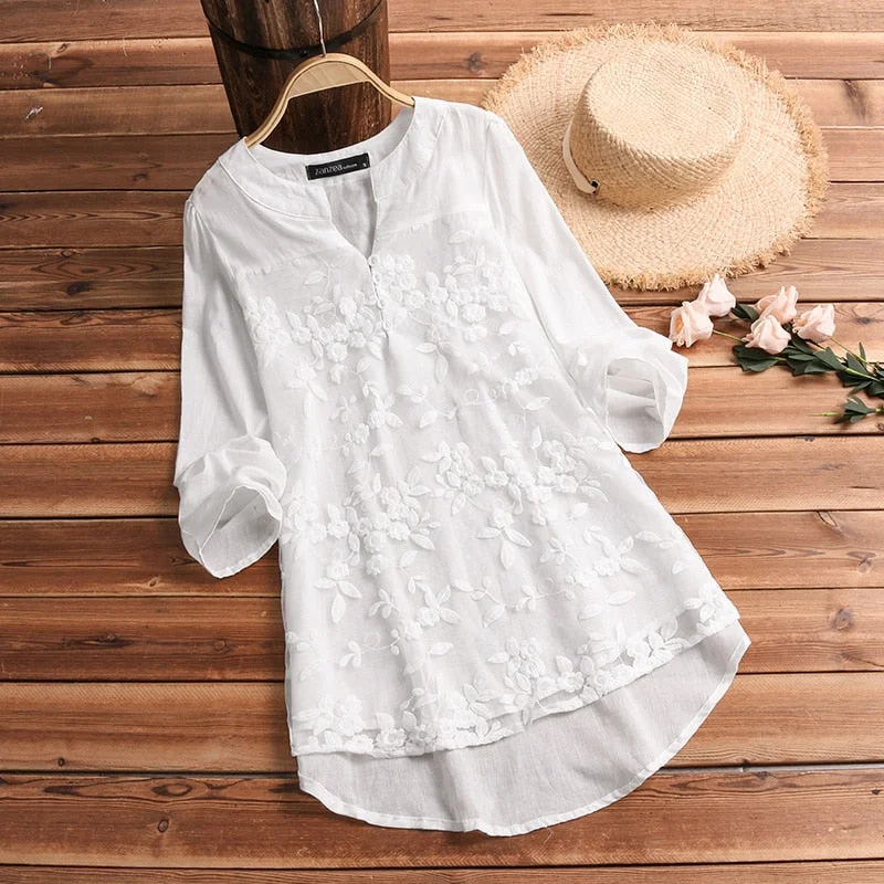 2022 ZANZEA Cotton Linen Tops Women Blouse Elegant V Neck Long Sleeve Shirt Casual Autumn Lace Shirts Vintage Embroidery Blusas