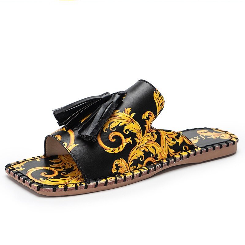 Summer Sandals for Women Fashion Flowers Tassels Slippers Sandals Luxury Mules Flat Slides Soft  Vintage Boho Sandals Outdoor