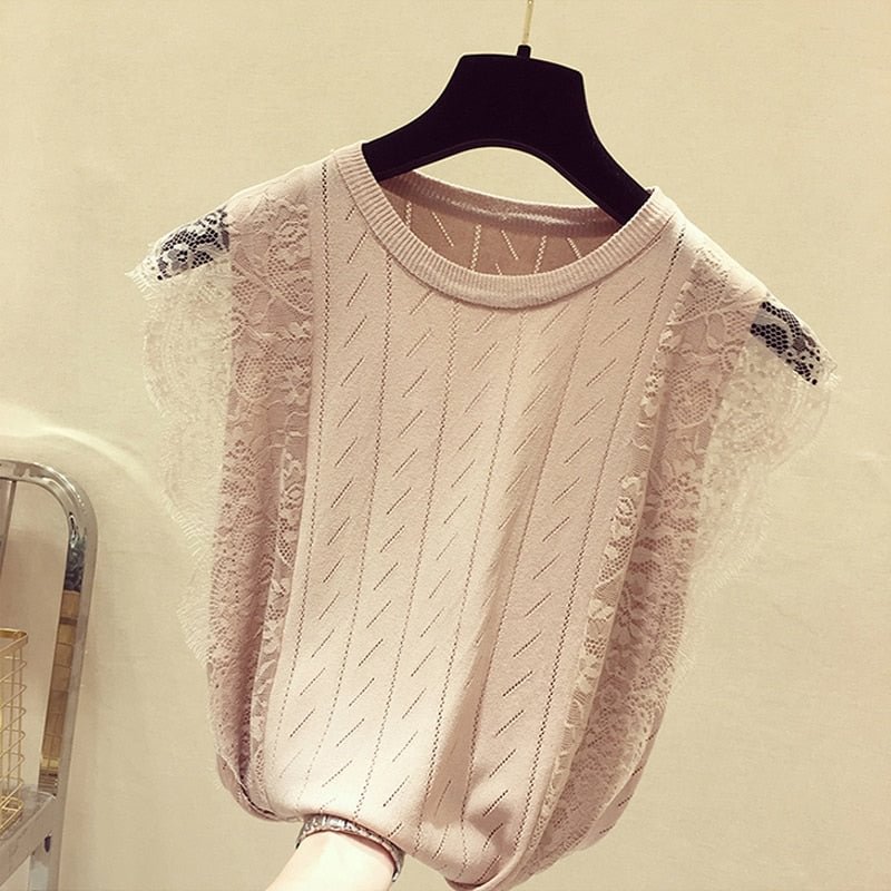 Summer Sleeveless Lace Knitted Shirt 2022 Korean Patchwork Tops Women O-Neck Solid Hollow Out Clothes Mesh Chic Blusas 8795 50
