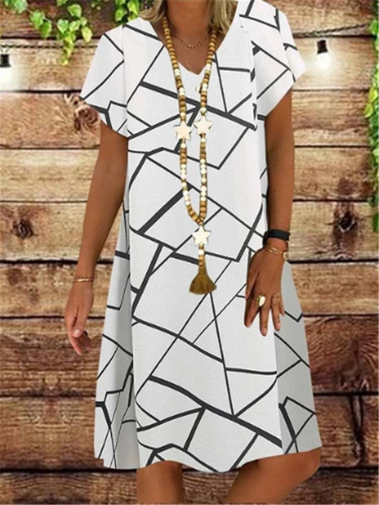 Women Casual V-Neck Irregular Cross Line Print Short Sleeve Summer Dress