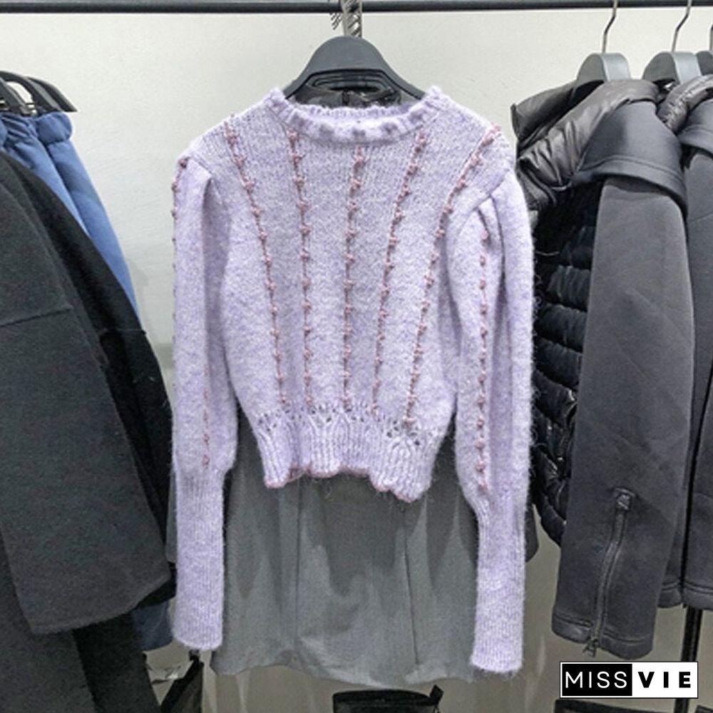 New Season Autumn Womens Knit Sweater Long Sleeve High Collar Vintage Purple Sweaters