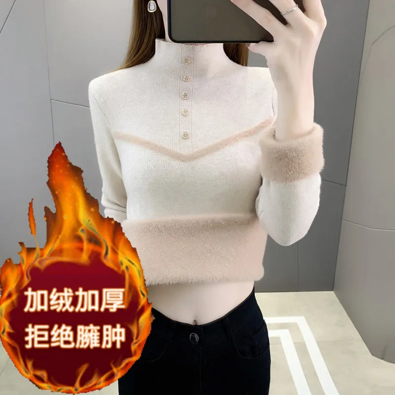 Churchf Velvet Soft Waxy Sweater Female Winter Add Velvet Warm Half Turtleneck Bottom Shirt Female Design Sense Simple Inside The Jacket
