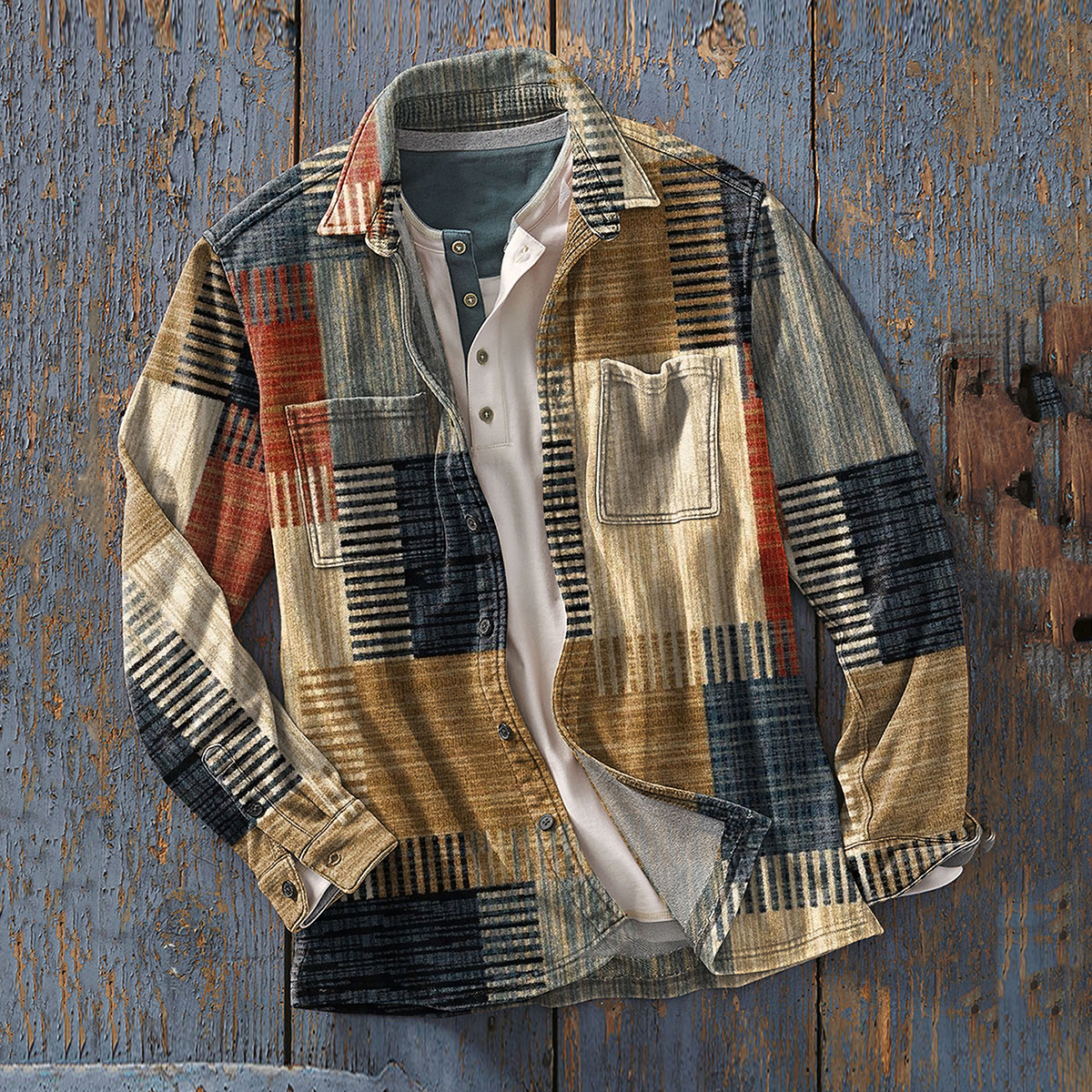 Comstylish Men's Vintage Retro Abstract Art Print Casual Long Sleeve Shirts Jacket