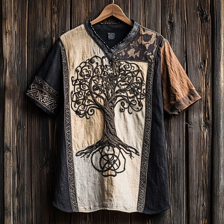 Men's Viking Tribal Tree Of Life Patchwork Design Linen T-shirt