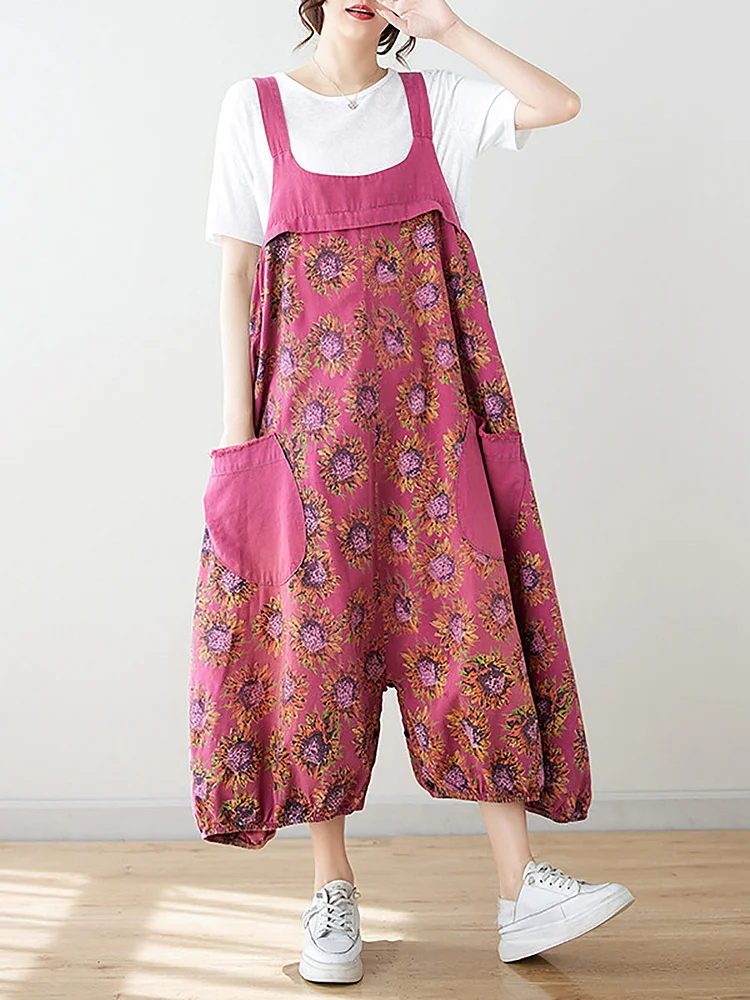 Women Summer Artsy Floral Spliced Loose Jumpsuits
