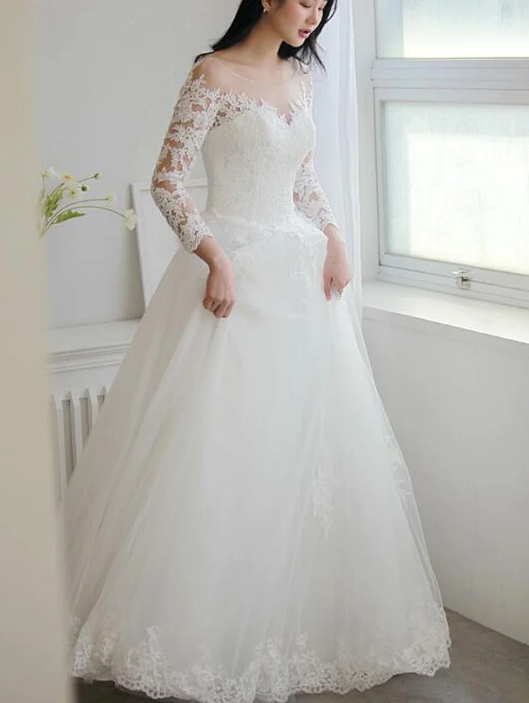 Long Sleeve Ball Gown Wedding Dress Lace Applique Sheer Neck Bridal Gowns