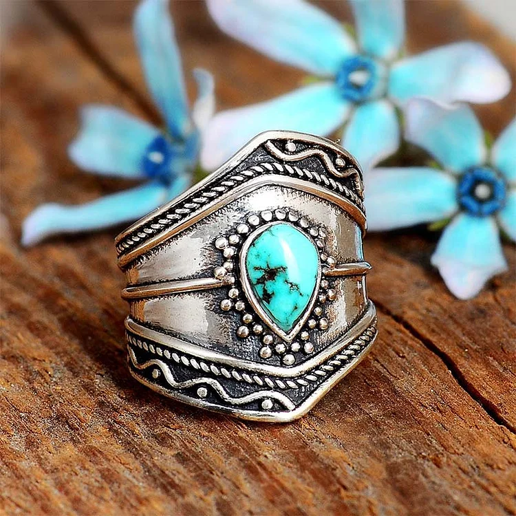 Olivenorma Boho Style Water Drop Turquoise Reki Ring