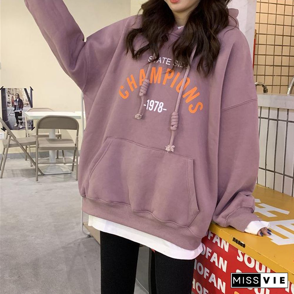 Hoodies Women New Loose Korean Student Blouse Harajuku Style Printing Plus Cashmere Hooded Woman Clothes Ladies Pullovers