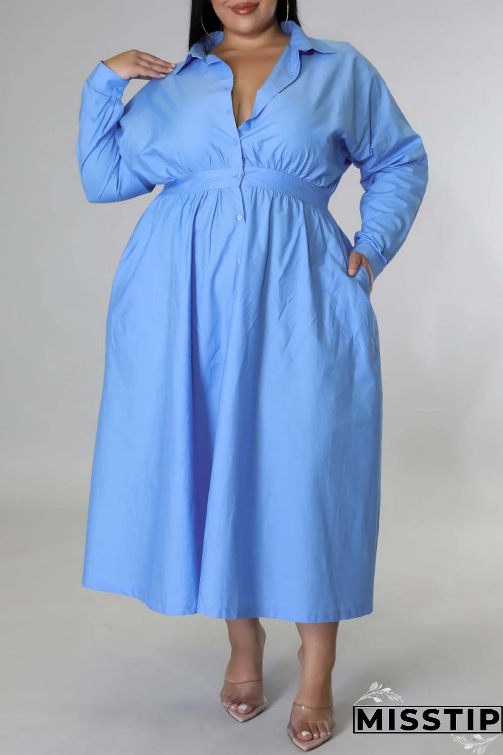 Blue Casual Solid Patchwork Turndown Collar Shirt Dress Plus Size Dresses