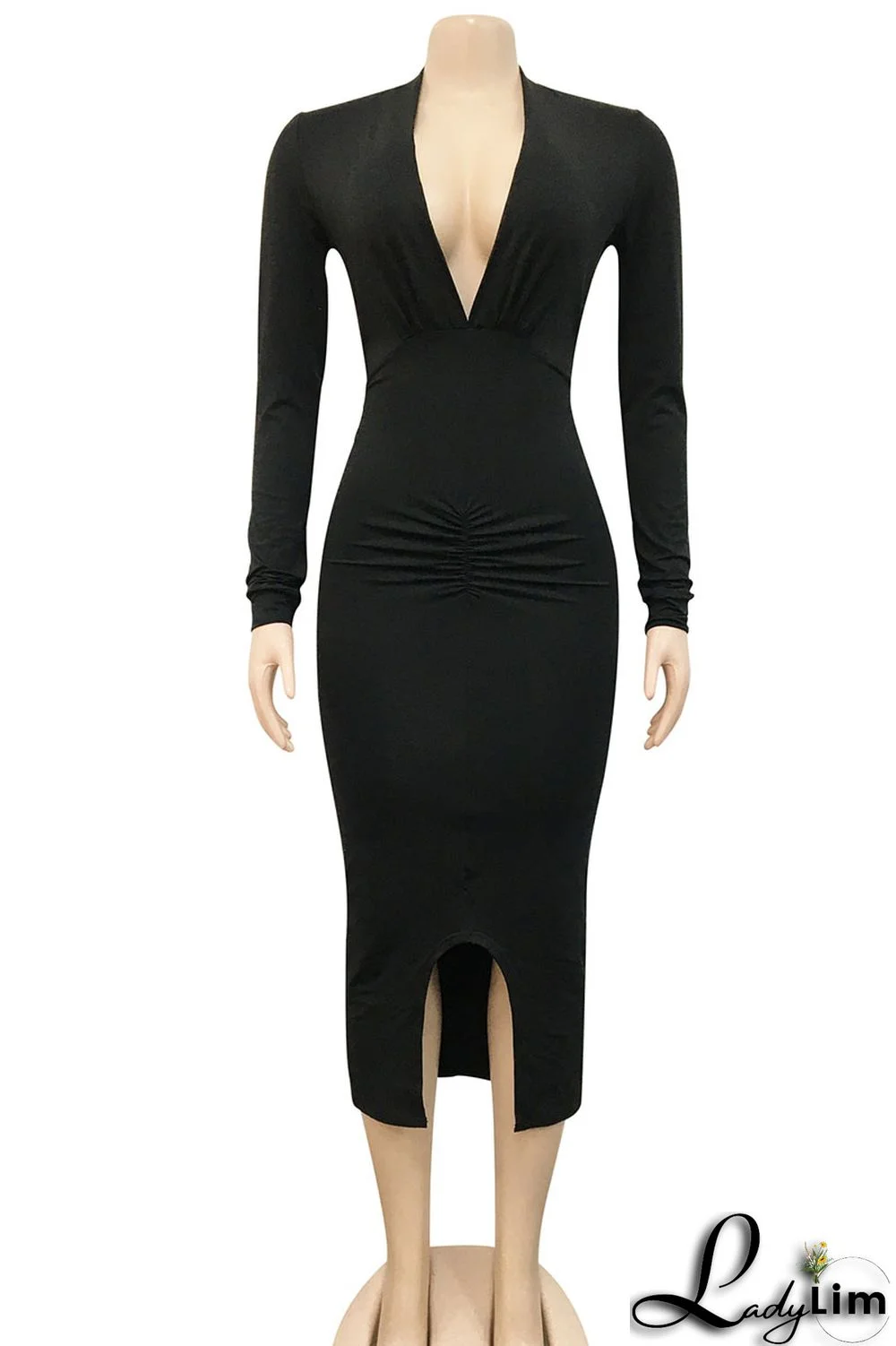 Orange Sexy Solid Patchwork Slit V Neck Long Sleeve Dresses