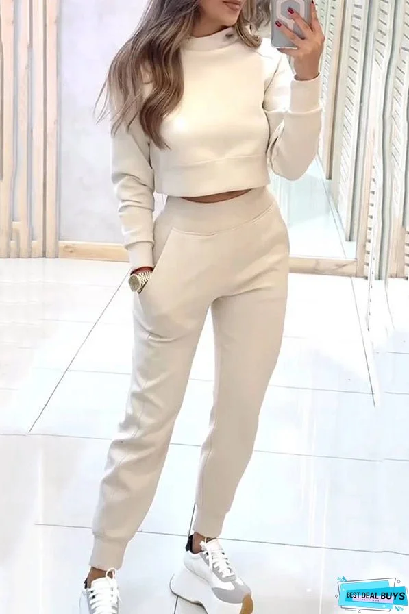 Solid Color Loose Long Sleeve Crop Top and Elastic Waist Pocket Casual Pants Set