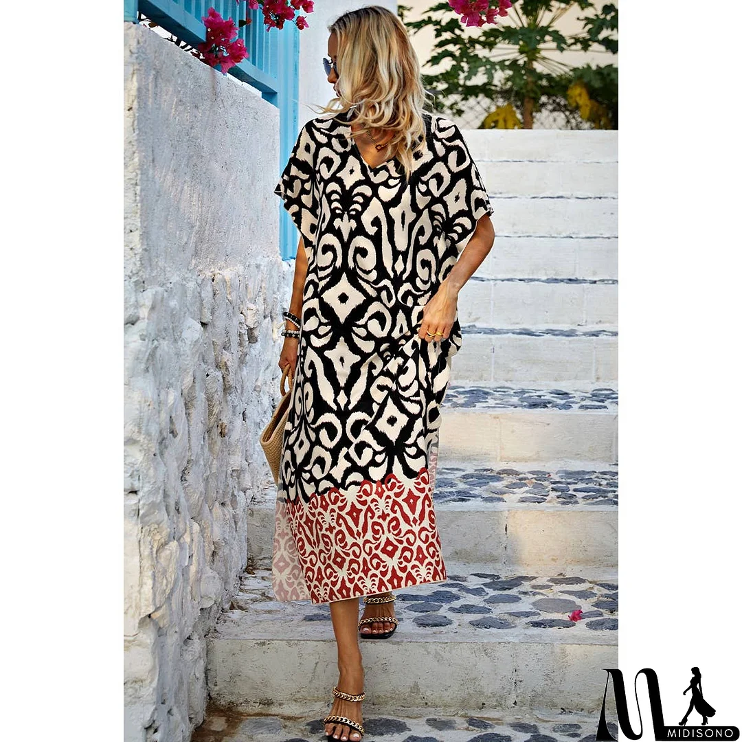 MidiSono - Plus Size V Neck Allover Print Loose Fit Dress